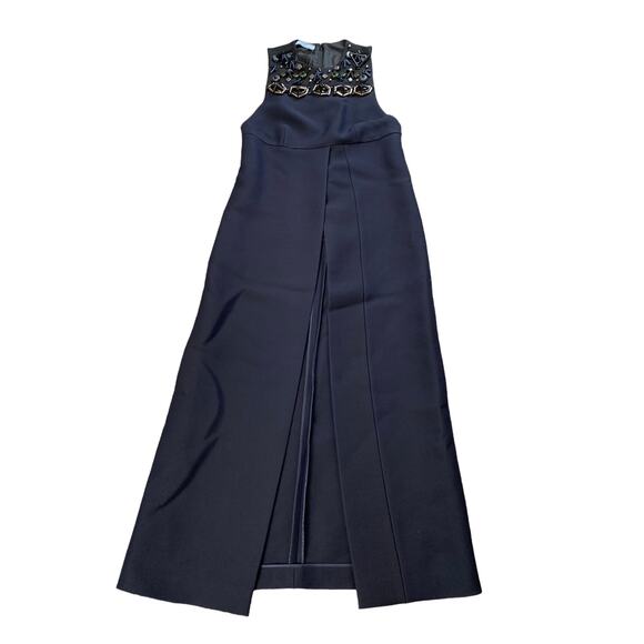 Prada Slit Dress Full Length Beaded Wool Silk Blend Navy Size EU 40 - Picture 1 of 11